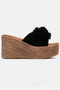 Schwarze Blumen-Keilsandale -Mode Dessous Geschäft platformes suede me louloudia 90987 0kog