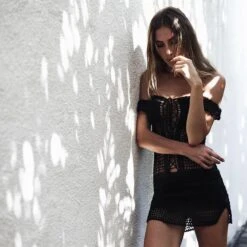 Besticktes Bortenkleid -Mode Dessous Geschäft vestido bordado trenza pasarelle negro s 876670